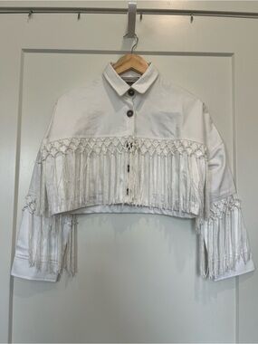 EastNWestLabel Farrah White Fringe Rodeo Cowgirl Western Boho Crop Jacket  Sz XS